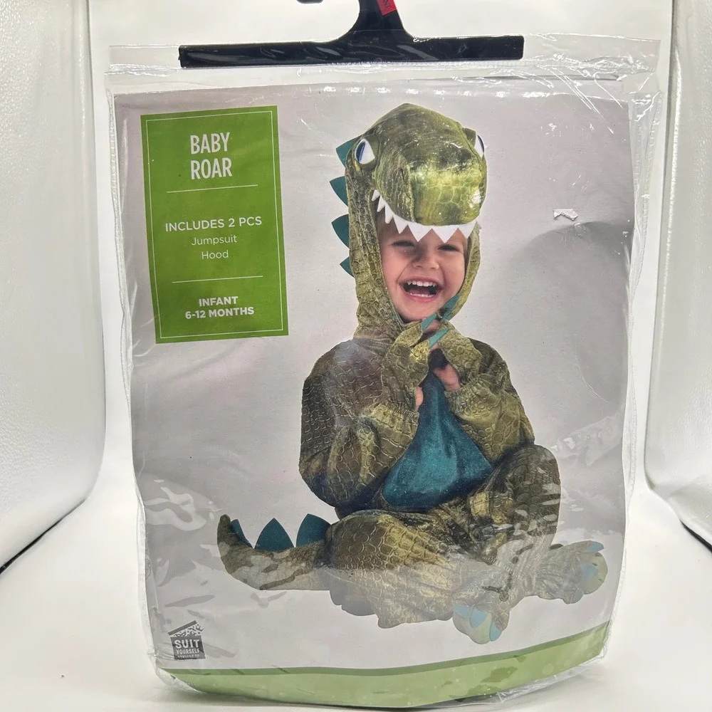 NEW Baby Roar Dinosaur Costume‎ Infant 6-12 Months Jumpsuit & Hood Halloween